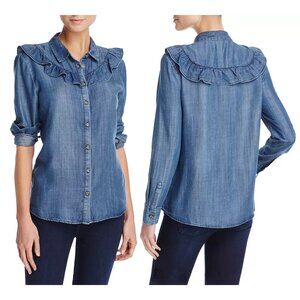 Aqua Bloomingdale’s Ruffle Chambray Shirt Womens Sz XS Blue Collared Button Down